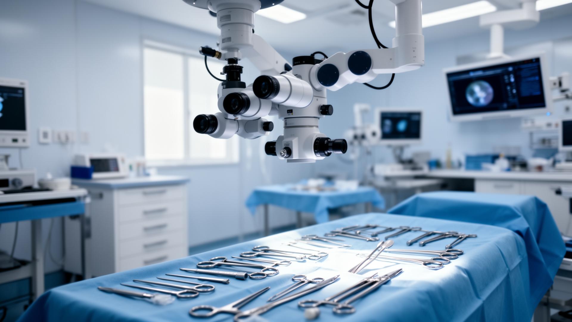 Sala de cirurgia oftalmológica moderna com microscópio e instrumentais